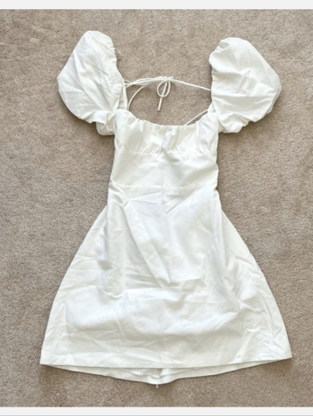 Zara Linen-Blend White Square-neck Puff-Sleeve Mini Dress with Open Lace-Back